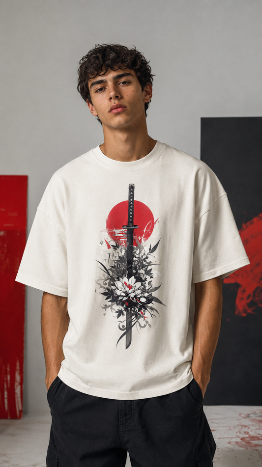 Crimson Katana off-white T-shirt på modell