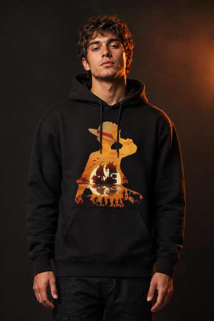 Sunset Pirate svart hoodie på modell